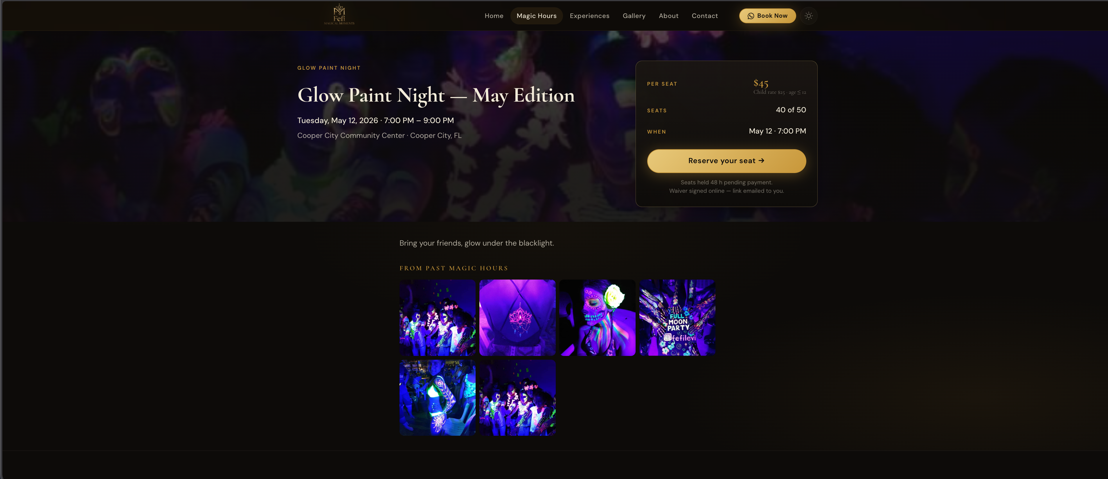 Magic Hour public registration page for Glow Paint Night