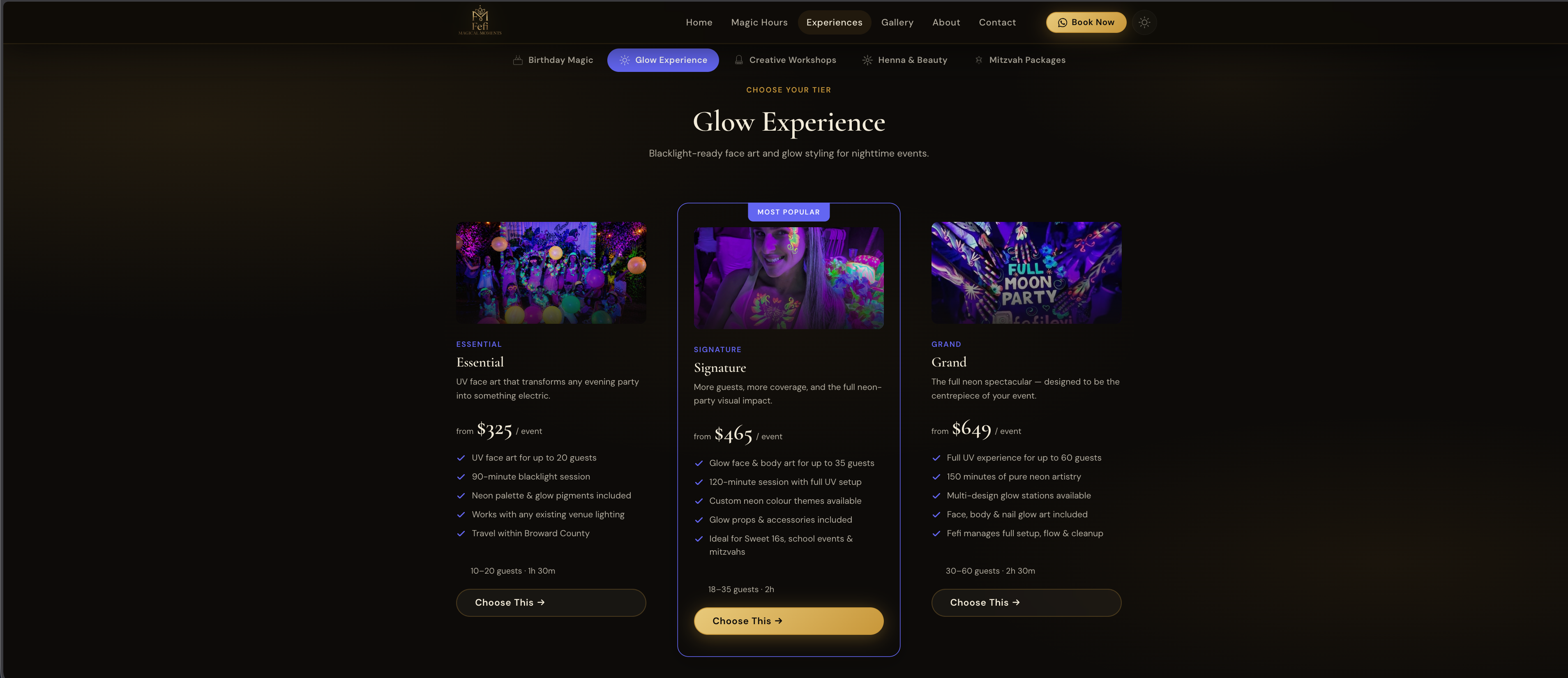 Experiences page showing event services and packages