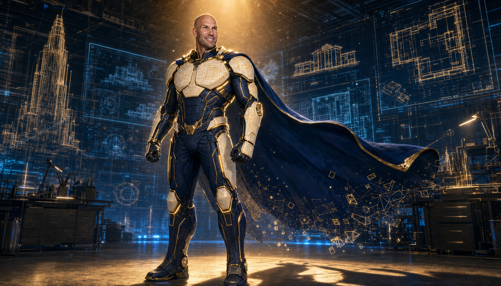Chris in red and gold technological exoskeleton armor, Iron Man-register, holographic blueprints in the workshop behind him