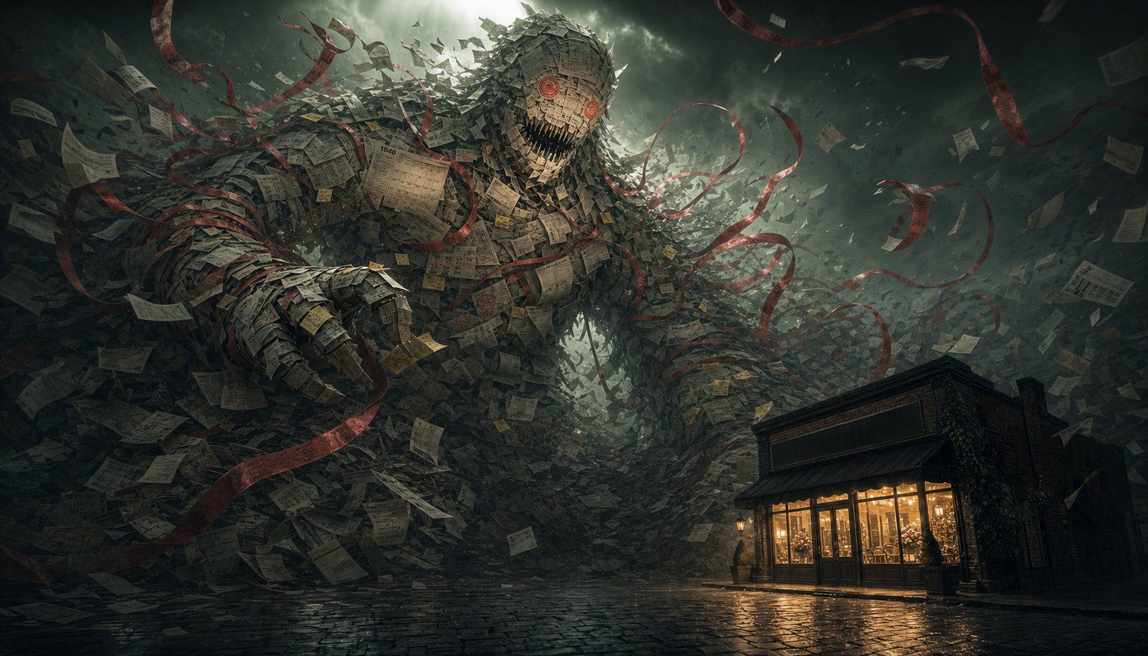 A bureaucratic monster made of forms, IRS notices, calendar grids, and red tape, looming over a small storefront