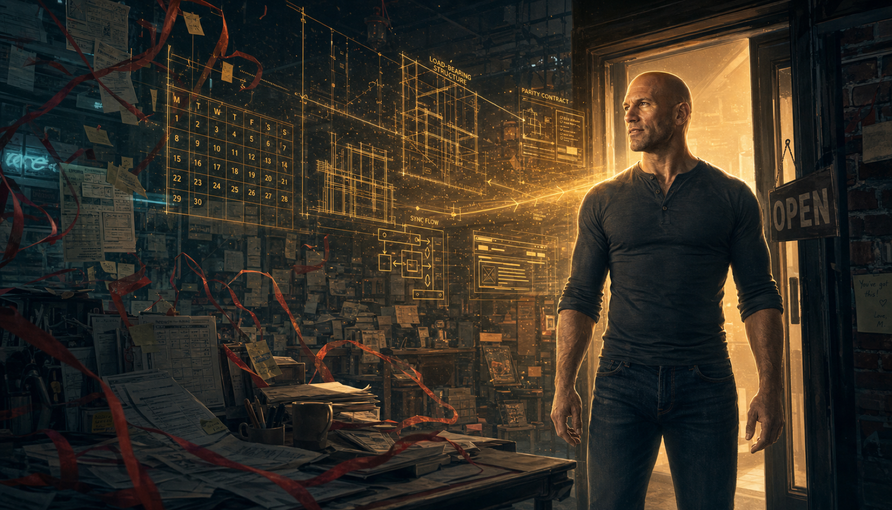 Chris standing at the threshold of the storefront, his gaze cutting through the chaos to reveal blueprint geometry