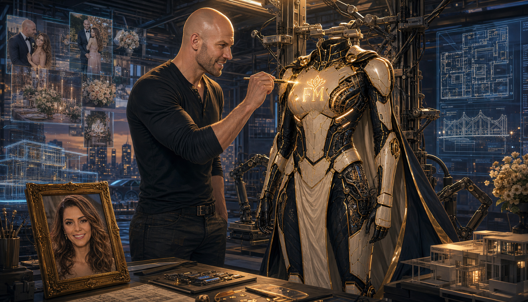 Chris in his workshop building Fefi's Ironheart suit, the FM logo glowing on its chest plate