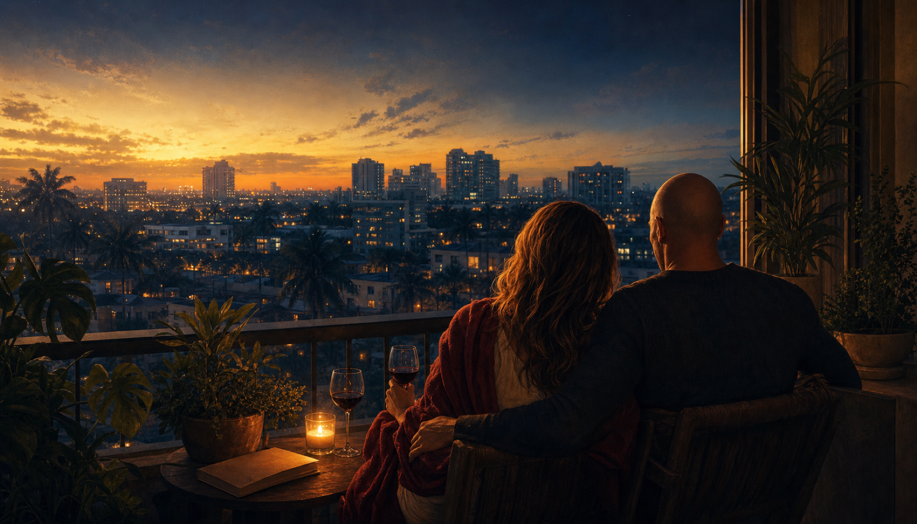 Chris and Fefi from behind, on a balcony at twilight, evening cityscape below, two wine glasses, no devices