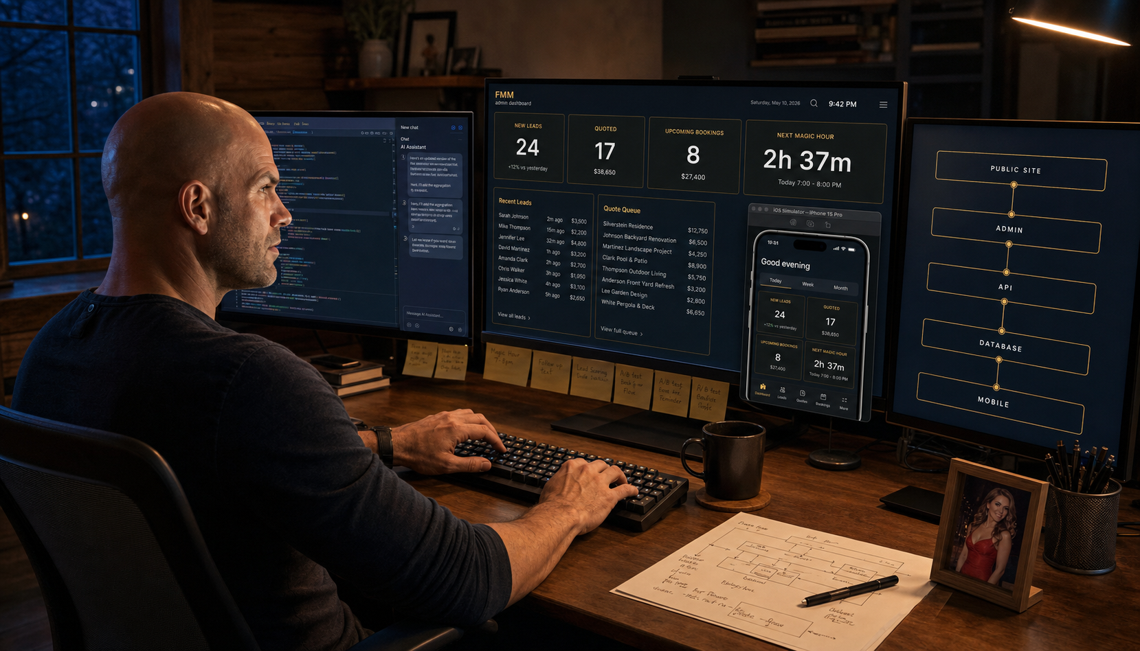 Chris at his real desk late at night, three monitors glowing with code, terminal output, and an architecture diagram