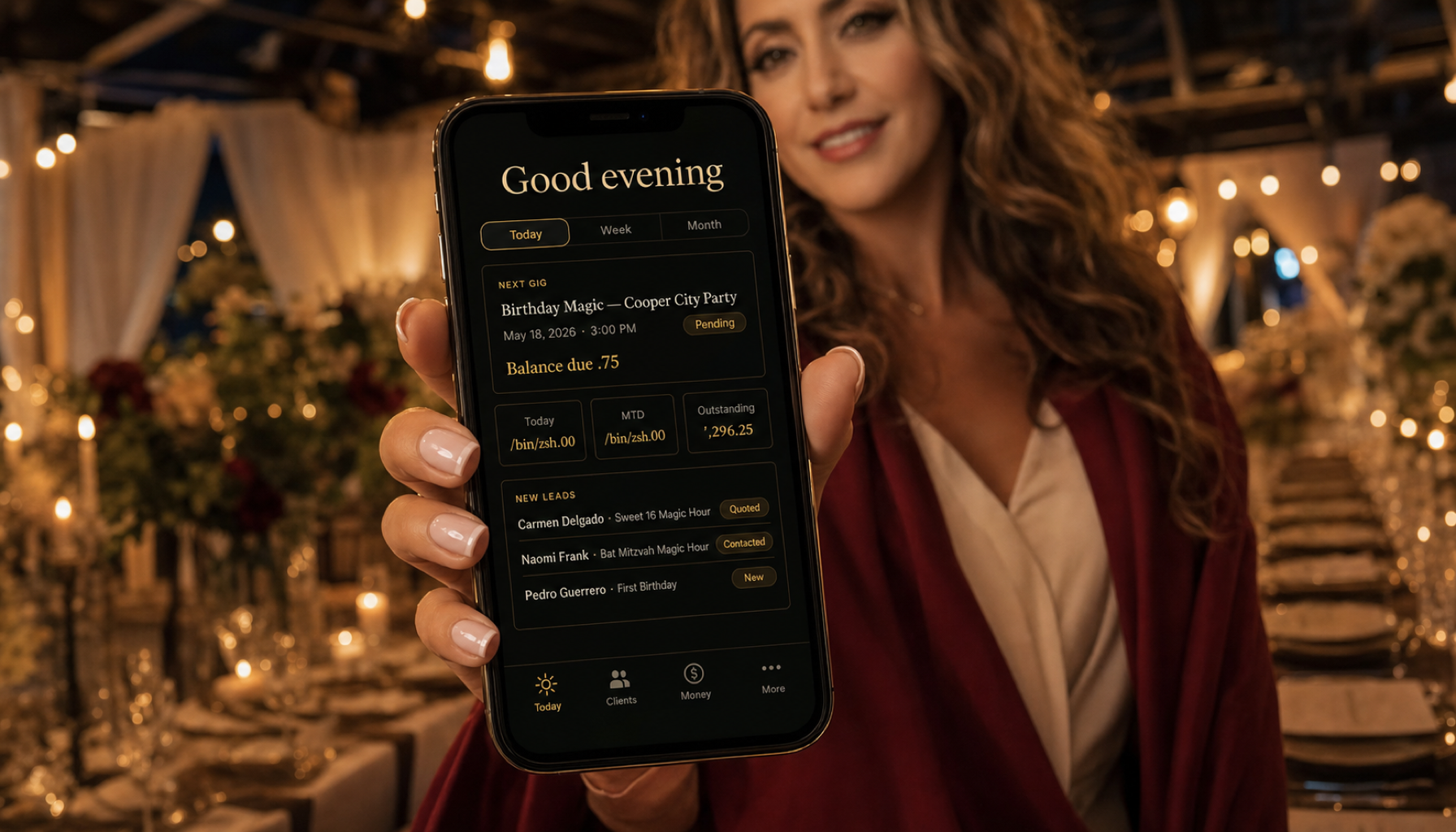Fefi's hand holding her phone at a beautiful event venue, the platform's UI visible on the phone screen showing today's events