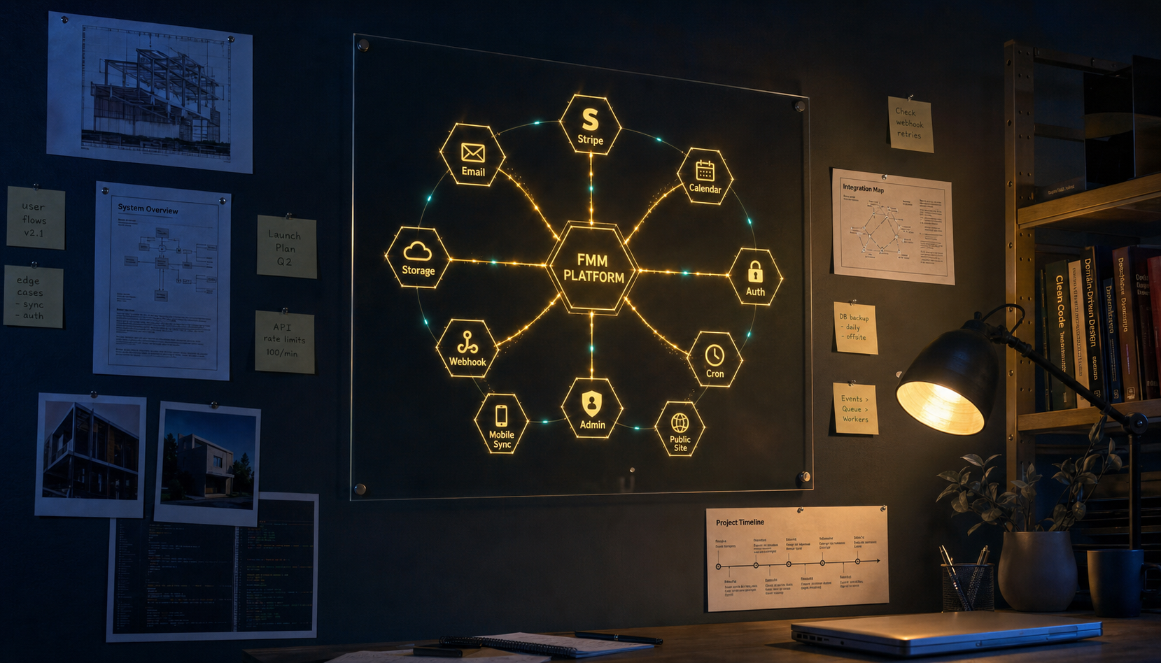 A cinematic photo of a workshop wall showing the integration map glowing on a glass panel, real working environment