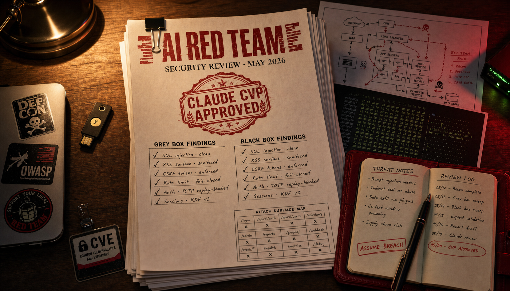 Pages of a security audit / red-team report on a wood desk, marked up by hand in pen, beside a closed MacBook